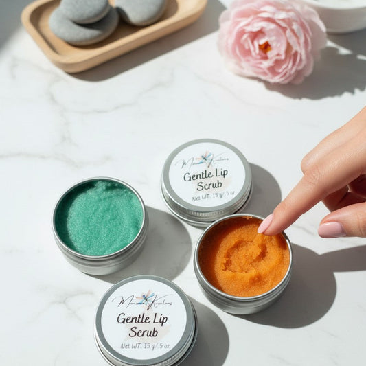 Monimar Kreations Sugar Pop Lip Scrub in teal and orange, made with sugar, rice, shea butter, and vitamin E.