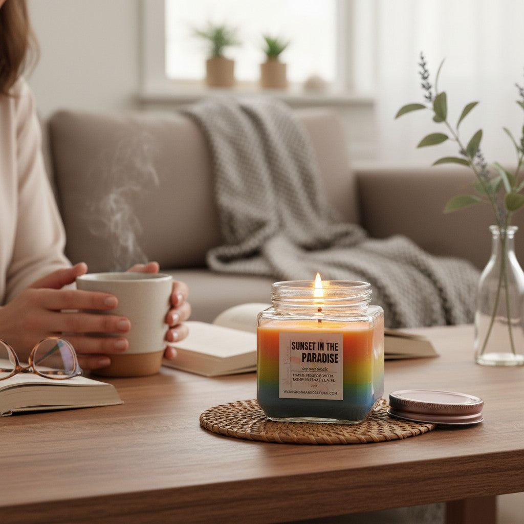 Monimar Kreations Sunset in Paradise soy wax candle with layered orange, yellow, and blue wax. 15 oz jar.