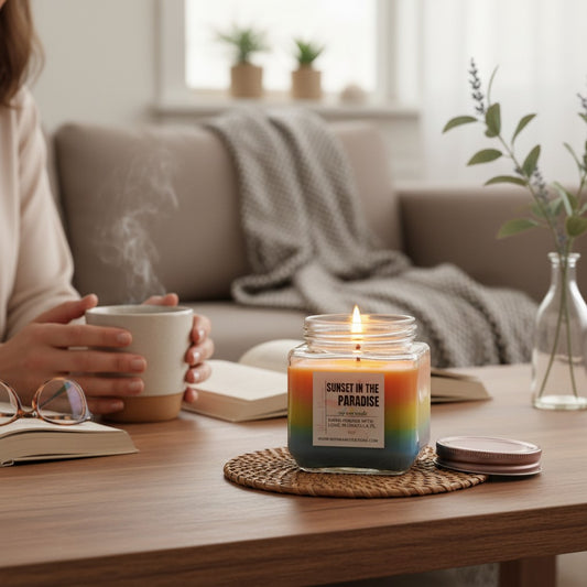 Monimar Kreations Sunset in Paradise soy wax candle with layered orange, yellow, and blue wax. 15 oz jar.
