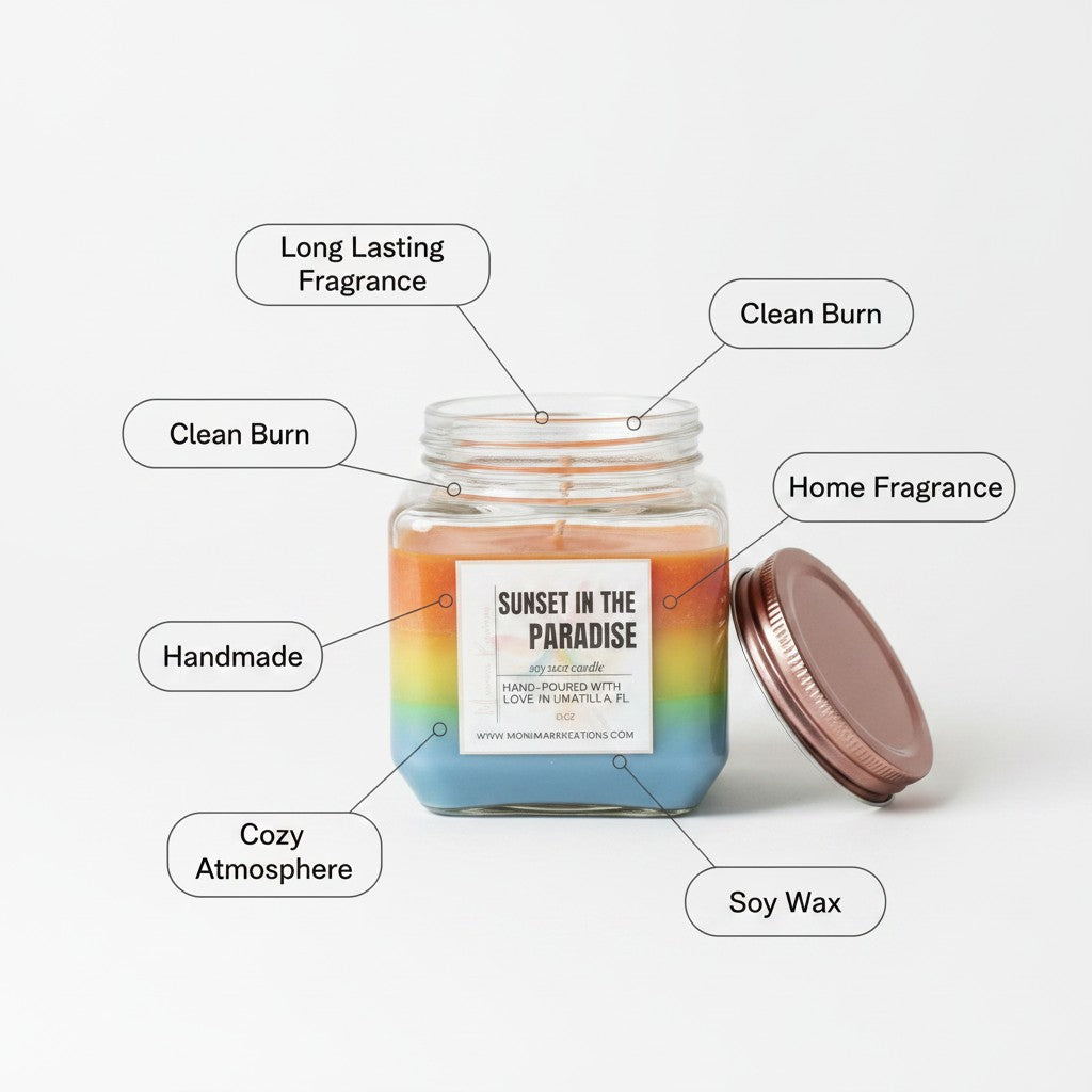 Monimar Kreations Sunset in Paradise soy wax candle with layered orange, yellow, and blue wax. 15 oz.