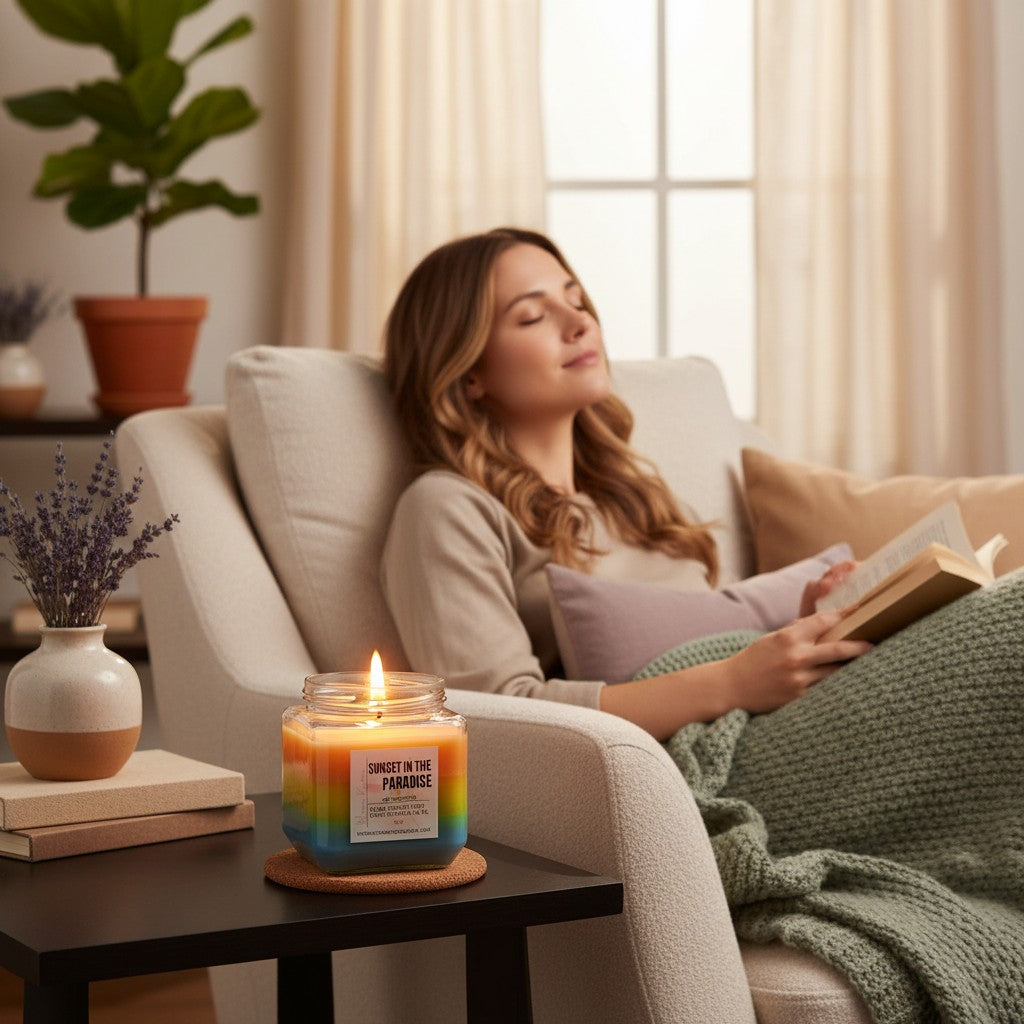 Monimar Kreations Sunset in Paradise soy wax candle with ombre sunset colors: blue, yellow, and orange.