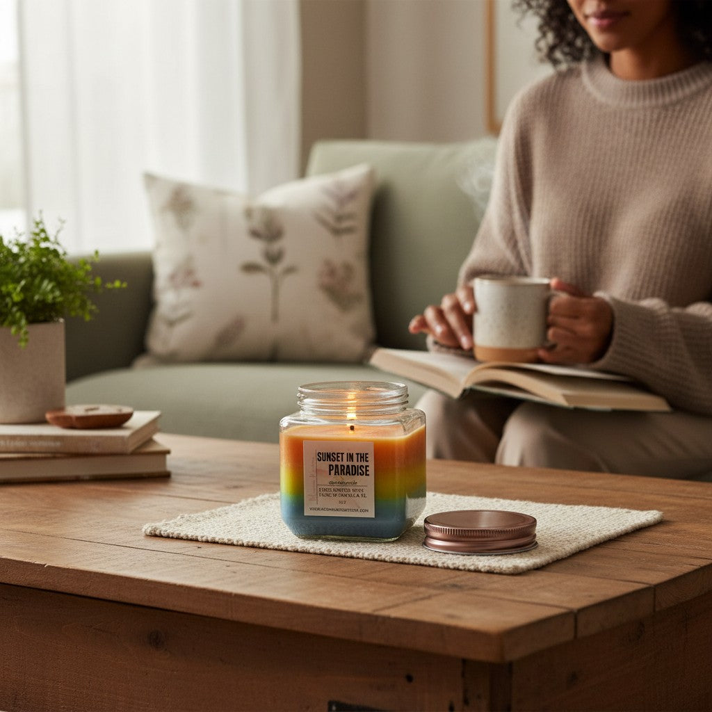 Monimar Kreations Sunset in Paradise soy wax candle with layered orange, yellow, and blue wax. 15 oz.