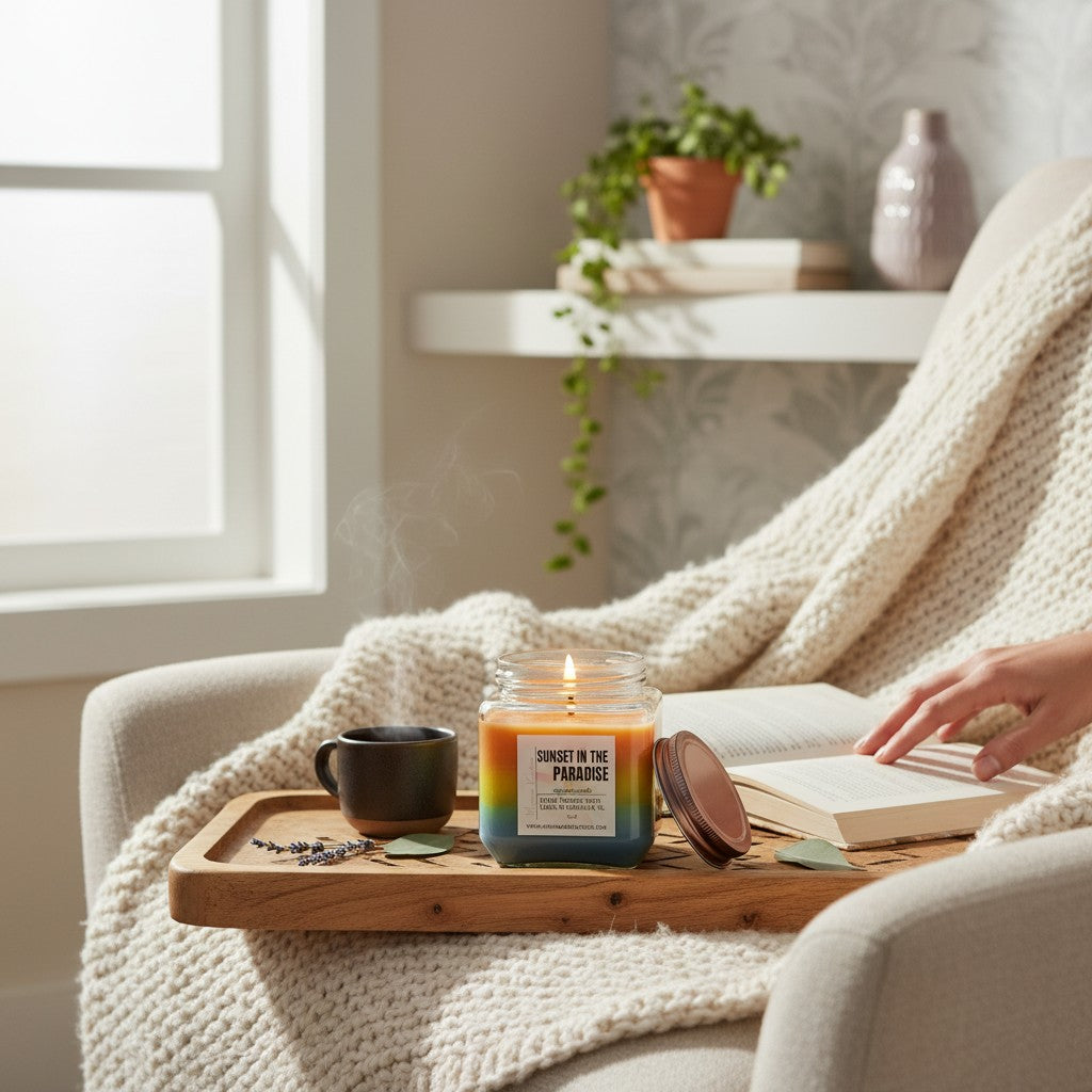 Monimar Kreations Sunset in Paradise soy wax candle with layered orange, yellow, and blue wax. 15 oz.