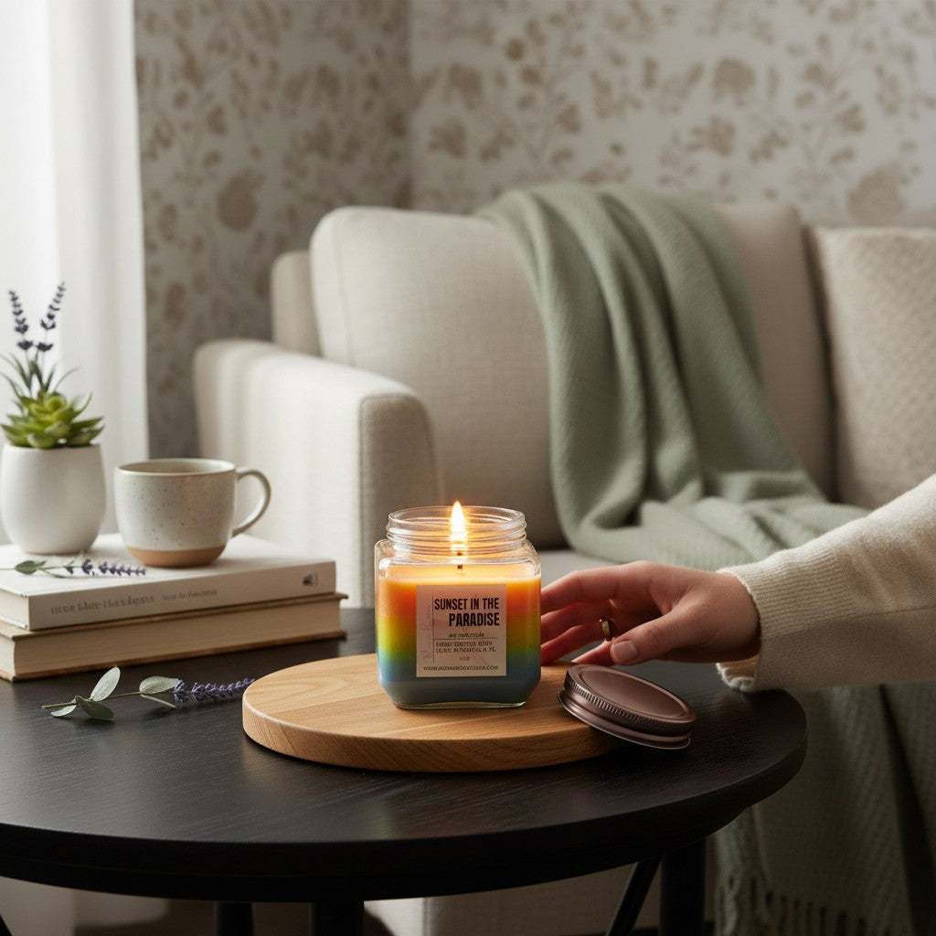 Monimar Kreations Sunset in Paradise soy wax candle with layered orange, yellow, and blue wax. 15 oz.