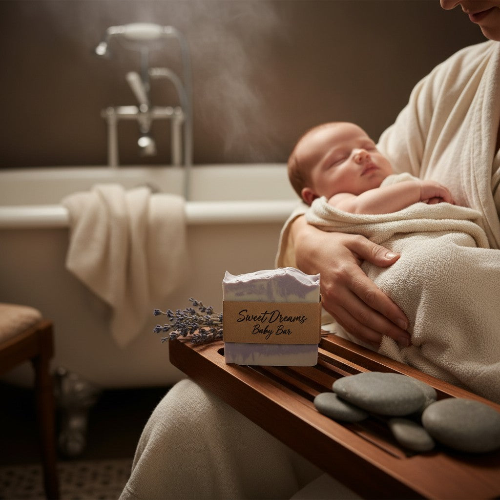Monimar Kreations Sweet Dreams Baby Bar, a handcrafted soap with lavender and white swirls, perfect for bedtime.