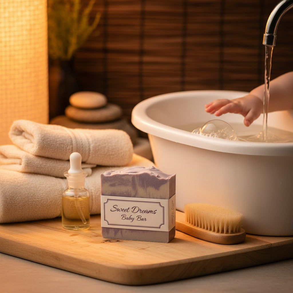 monimarkreations Sweet Dreams Baby Bar, a handcrafted bar soap with lavender and white swirls, ideal for gentle cleansing and bedtime rituals.