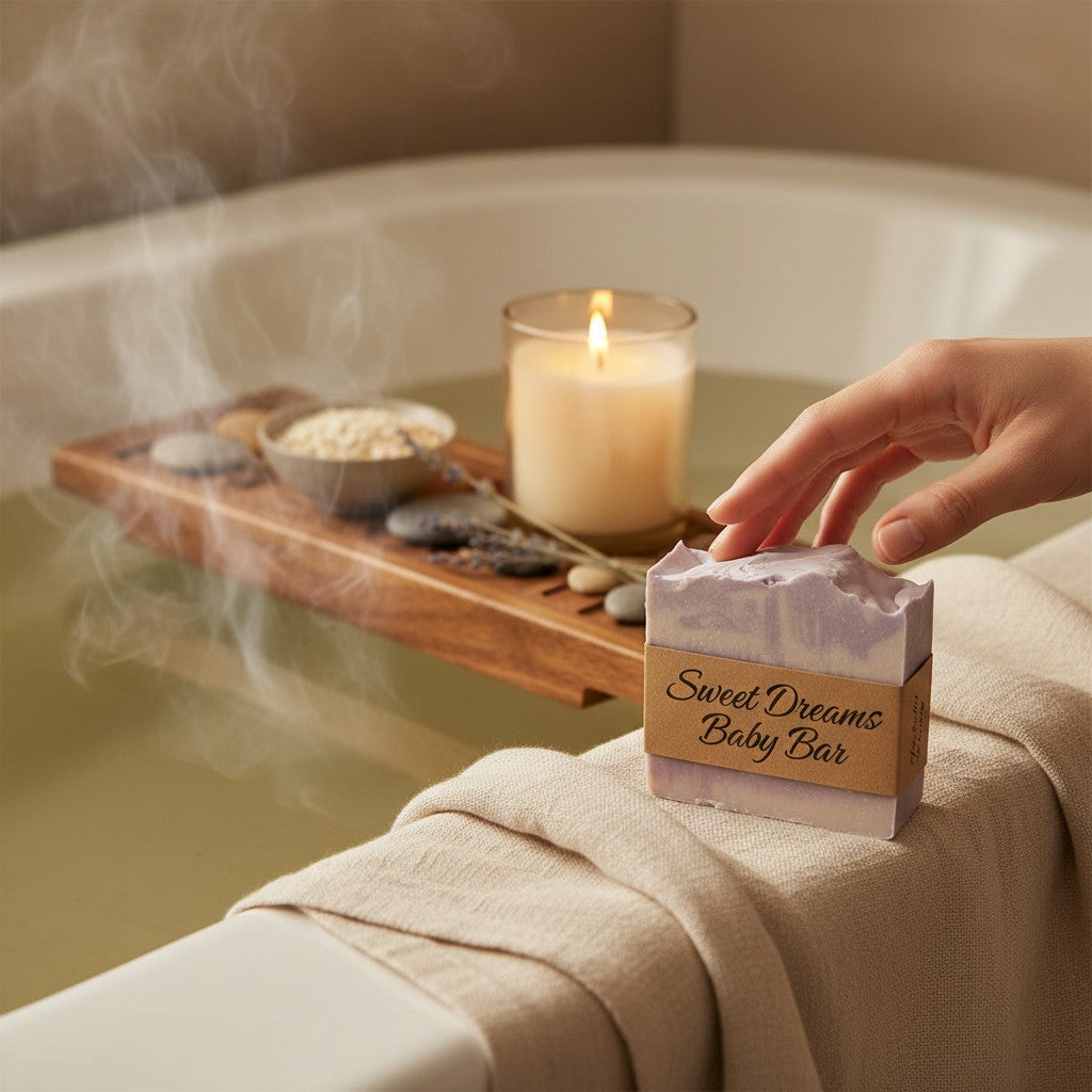 monimarkreations Sweet Dreams Baby Bar, a handcrafted bar soap with lavender and chamomile notes, swirled purple and white.