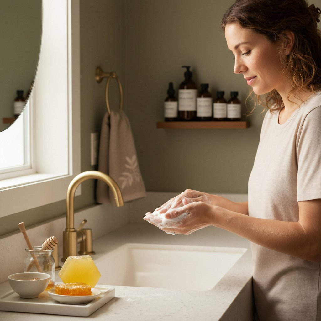 monimarkreations Sweet Honey Cleanse Soap, a hexagonal yellow bar with a creamy lather and sweet honey aroma.