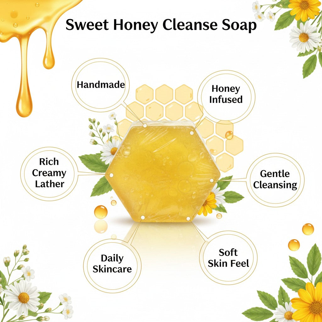 monimarkreations Sweet Honey Cleanse Soap, hexagonal bar with a warm honey color, wrapped in plastic.
