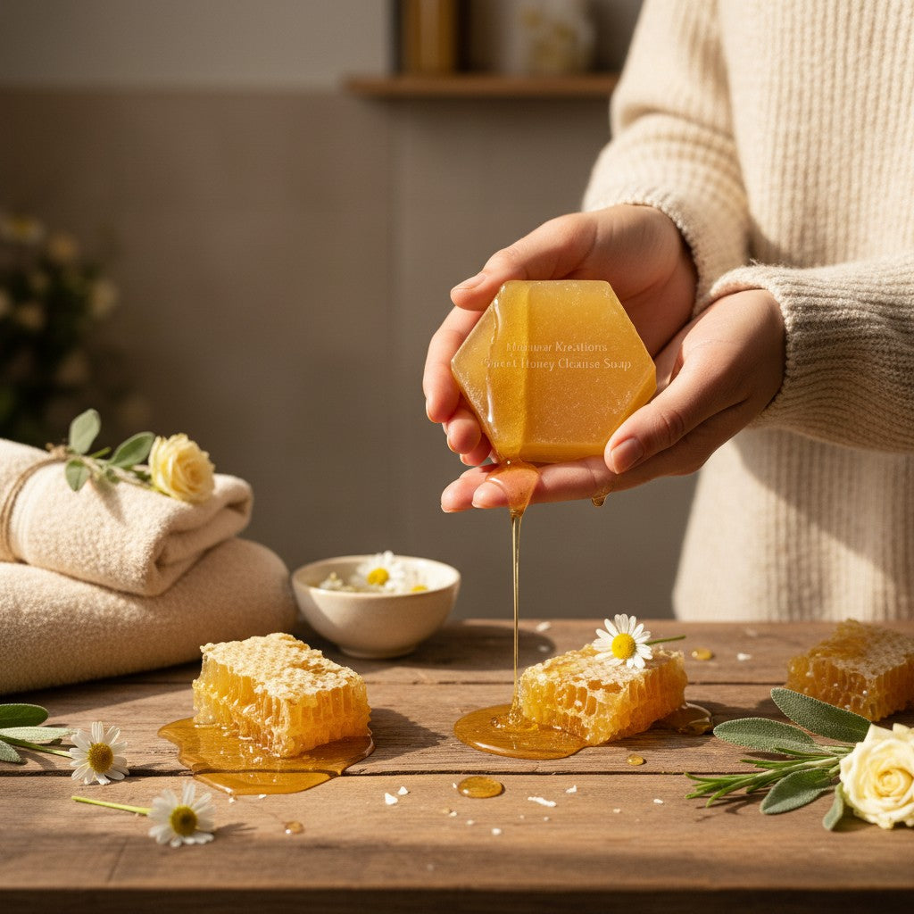 monimarkreations Sweet Honey Cleanse Soap, hexagonal bar with a warm honey color, wrapped in clear plastic.
