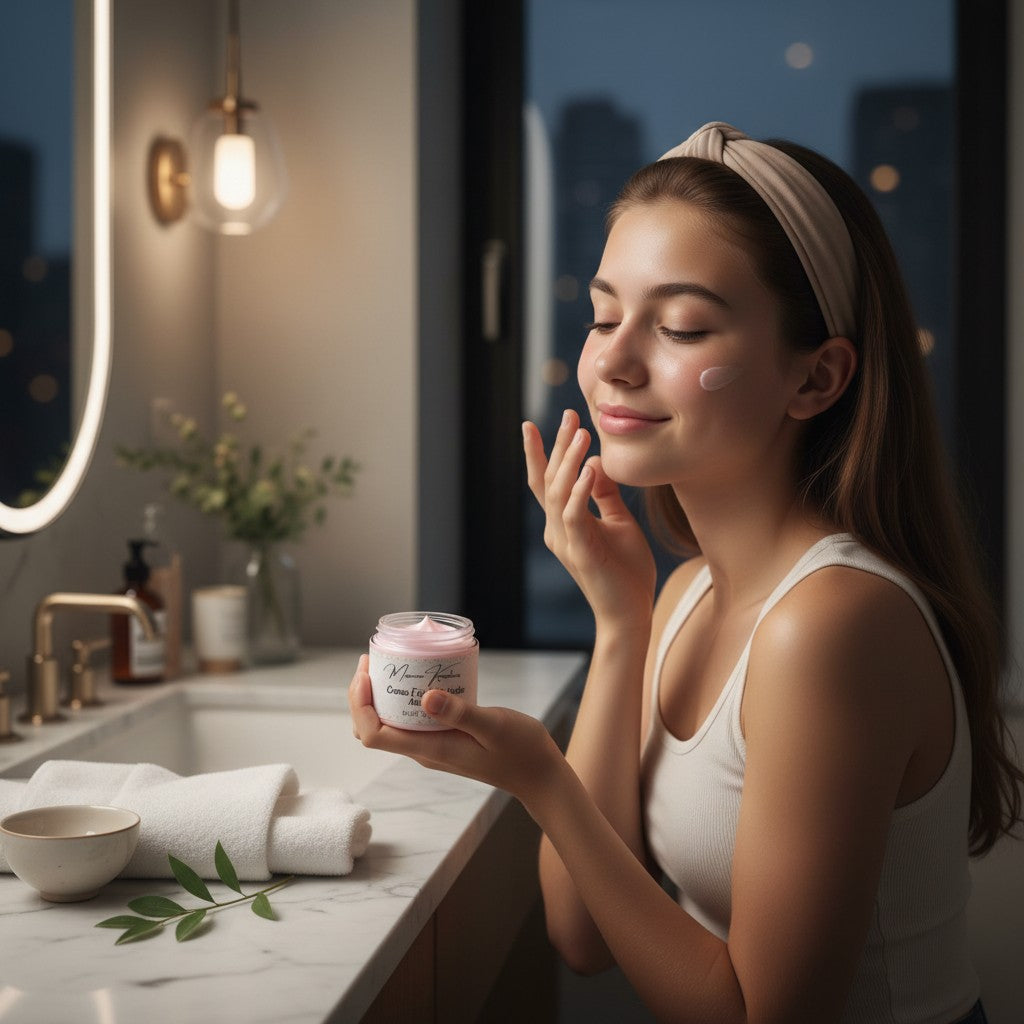 monimarkreations Teen Rest & Renew lightweight pink night cream in a clear jar with a black lid, 2 oz.