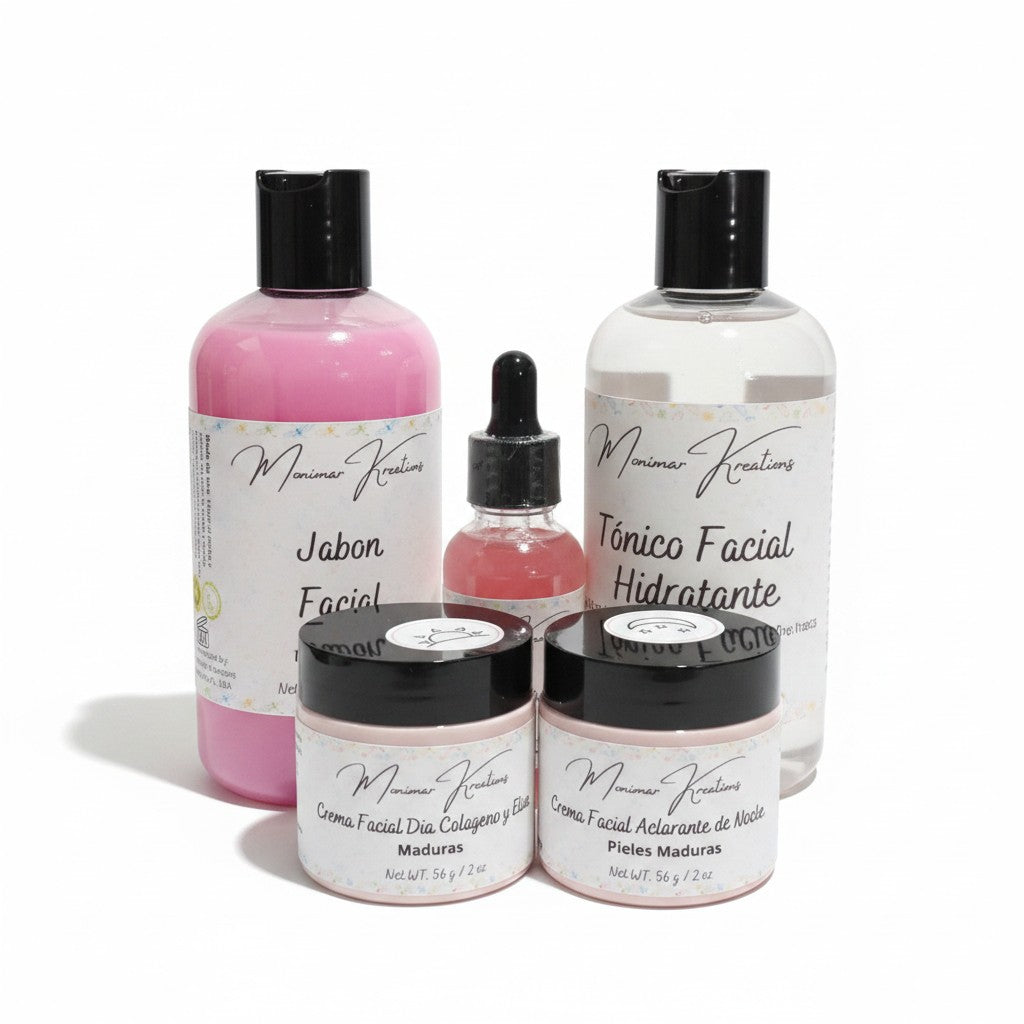 Monimar Kreations skincare set with cleanser, toner, day cream, night cream, serum, and scrub for teen skin.