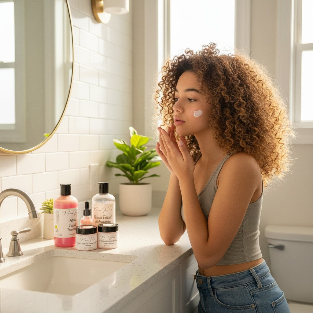 Monimar Kreations skincare set with cleanser, toner, day cream, night cream, serum, and scrub for teen skin.