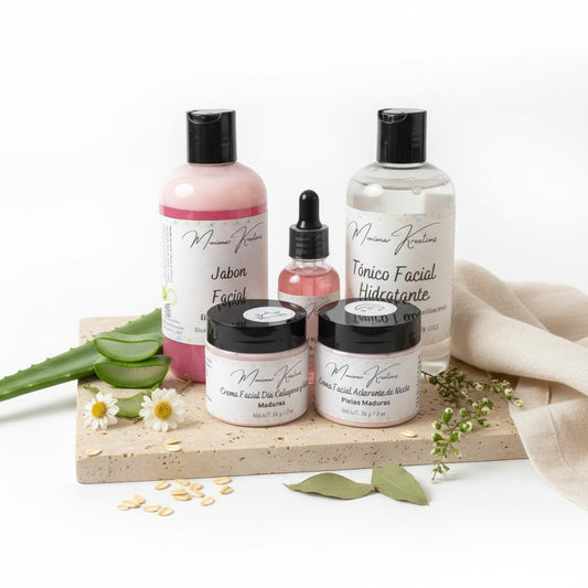 Monimar Kreations skincare set with cleanser, toner, day cream, night cream, serum, and scrub for teen skin.
