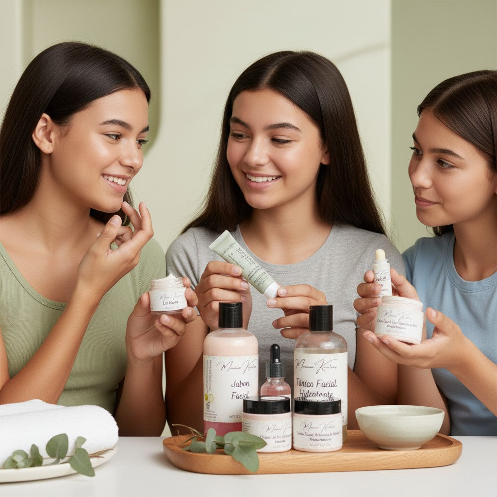 Monimar Kreations skincare set with cleanser, toner, day cream, night cream, serum, and scrub for teen skin.