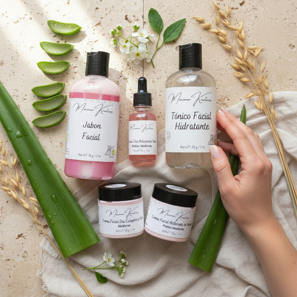 Monimar Kreations skincare set with cleanser, toner, day cream, night cream, serum, and scrub for teen skin.