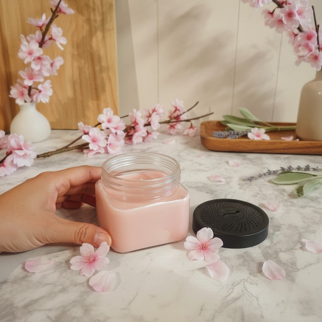 monimarkreations Trip to Japan candle, pink soy wax in a clear jar with Japanese cherry blossom scent.