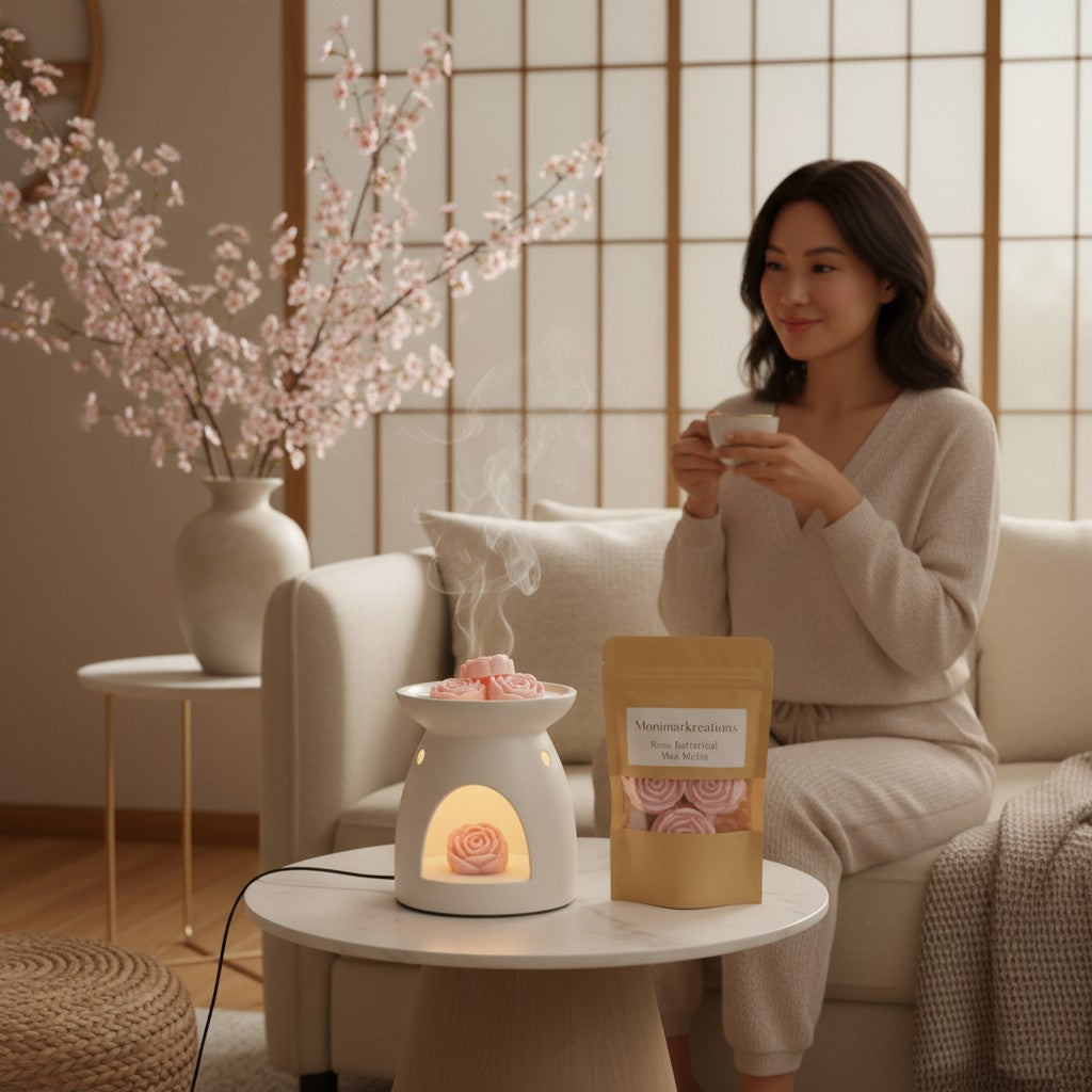Monimar Kreations Trip to Japan Rose Wax Melts in a kraft pouch, shaped like roses, light pink color.