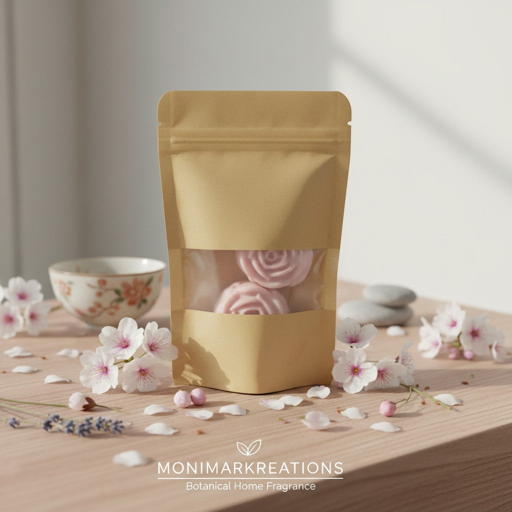 Monimar Kreations Trip to Japan Rose Wax Melts in a kraft pouch, featuring pink rose-shaped soy wax melts.
