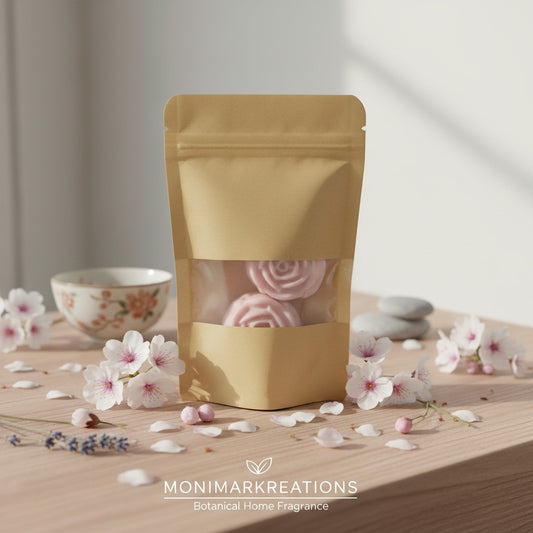 Monimar Kreations Trip to Japan Rose Wax Melts in a kraft pouch, featuring pink rose-shaped soy wax melts.