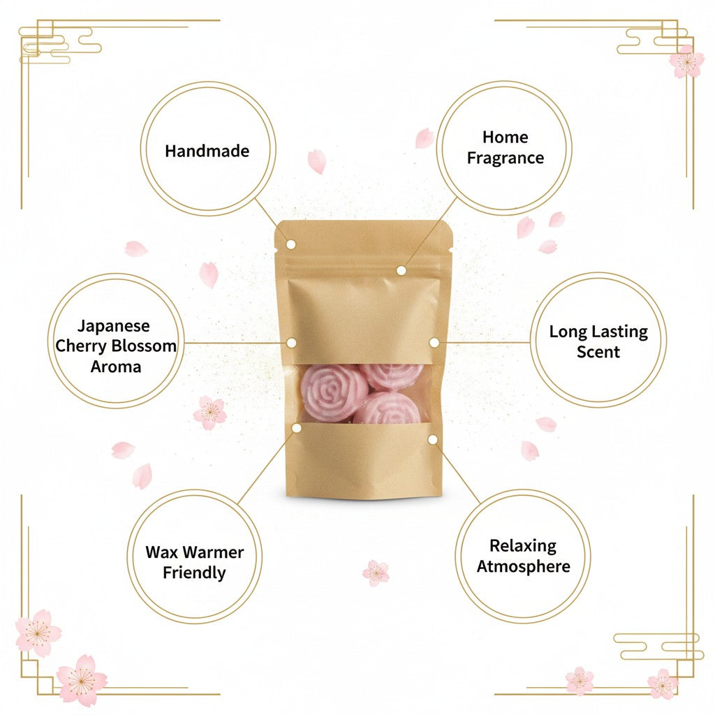 Monimar Kreations Trip to Japan Rose Wax Melts in a kraft pouch, featuring pink rose-shaped soy wax melts.
