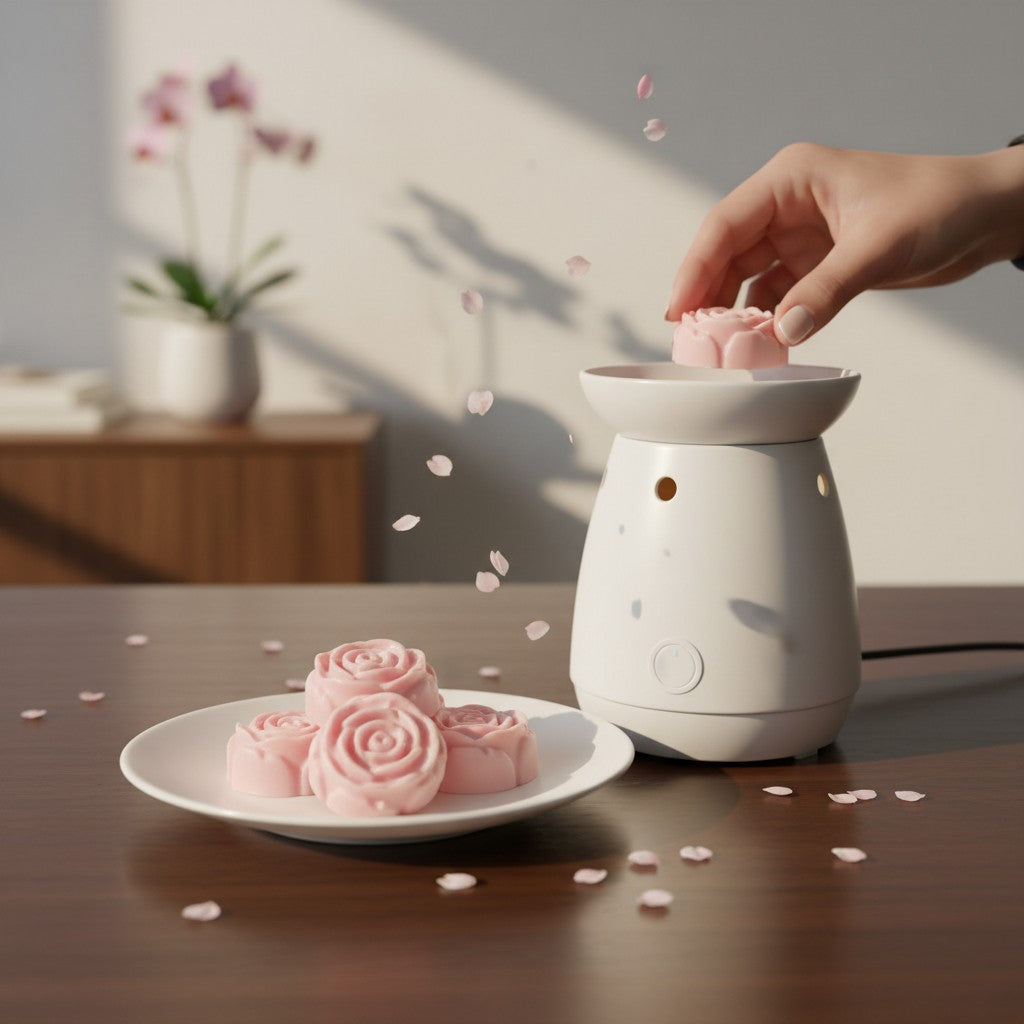 Monimar Kreations Trip to Japan Rose Wax Melts in a kraft pouch, shaped like roses, light pink color.