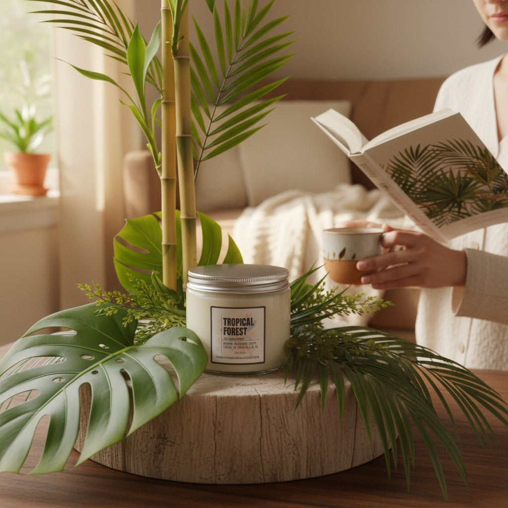 monimarkreations Tropical Forest soy wax candle with bamboo, coconut, and wood notes. 11 oz jar with decorative rose lid accent.