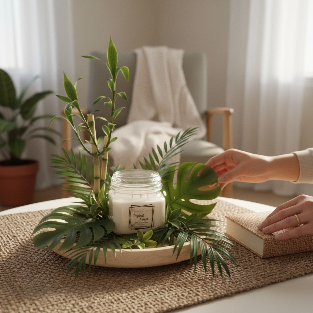 Monimar Kreations Tropical Forest 10 oz soy wax candle with a decorative rose lid, featuring bamboo and coconut scents.