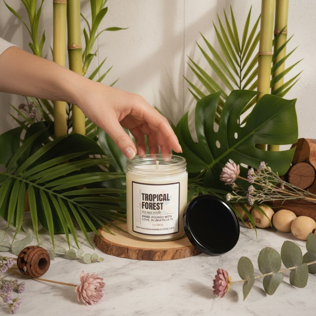 monimarkreations Tropical Forest soy wax candle with bamboo, coconut, and wood notes. 7 oz.