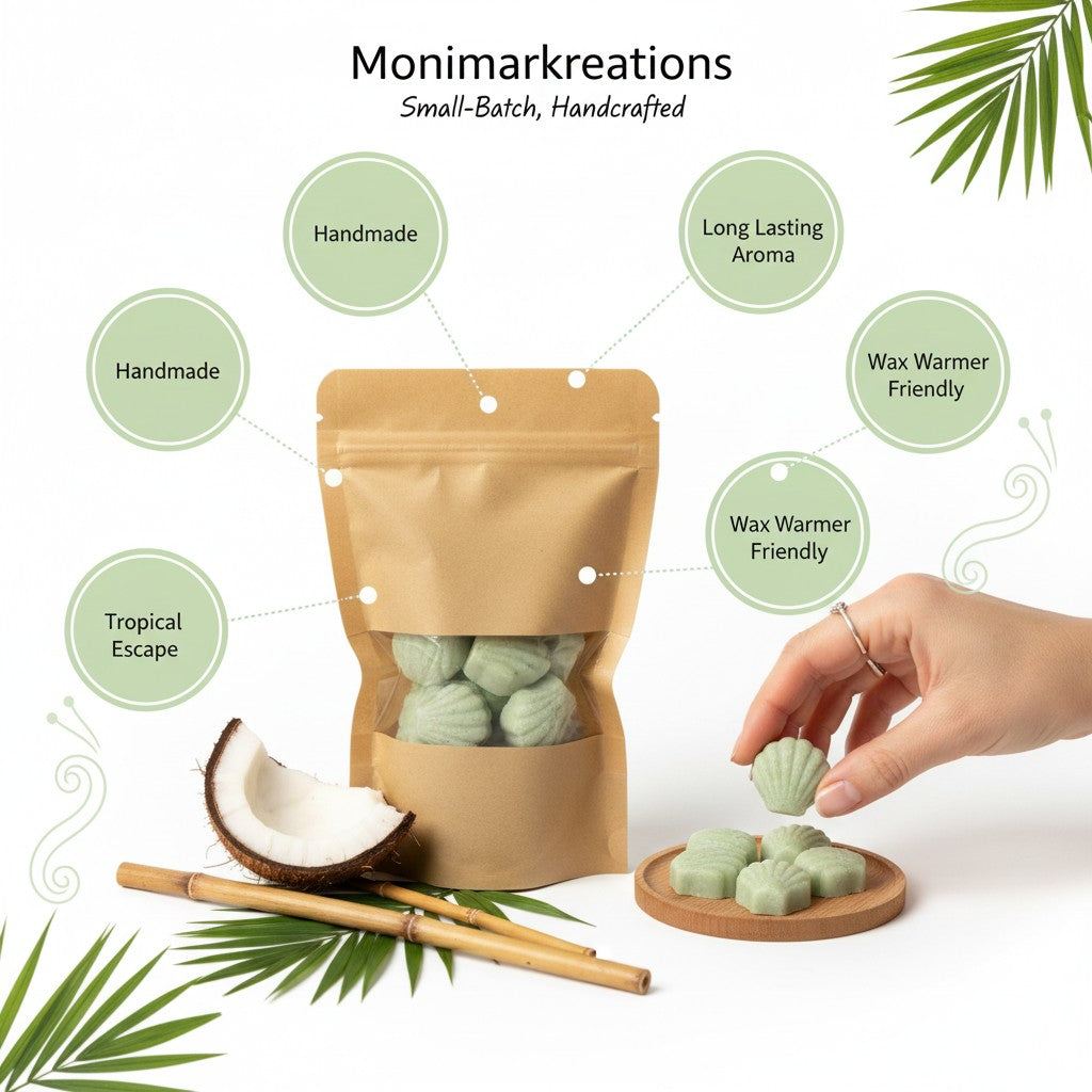 monimarkreations green seashell-shaped soy wax melts in a kraft pouch, tropical forest scent