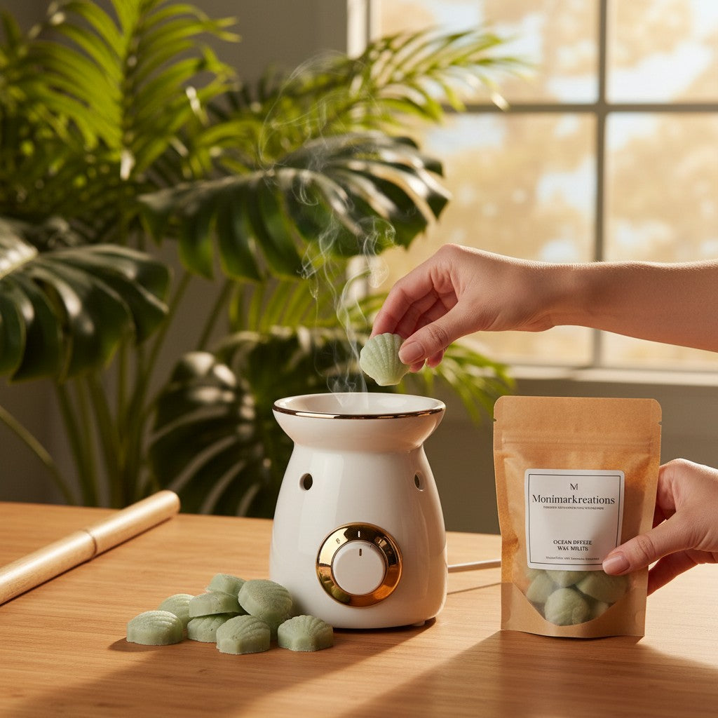 monimarkreations green seashell-shaped soy wax melts in a kraft pouch, tropical forest scent