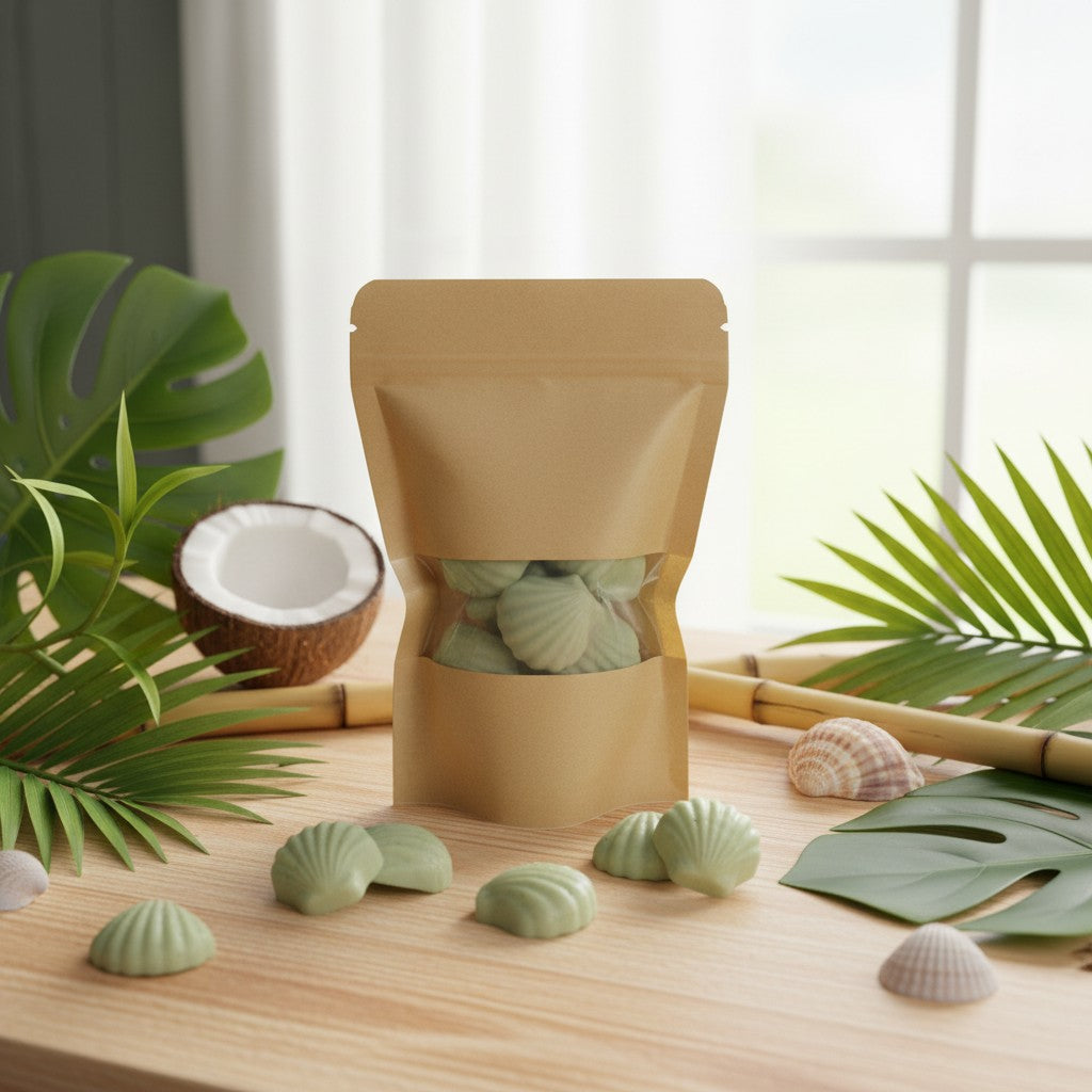 monimarkreations light green seashell-shaped soy wax melts in a brown pouch, tropical forest scent