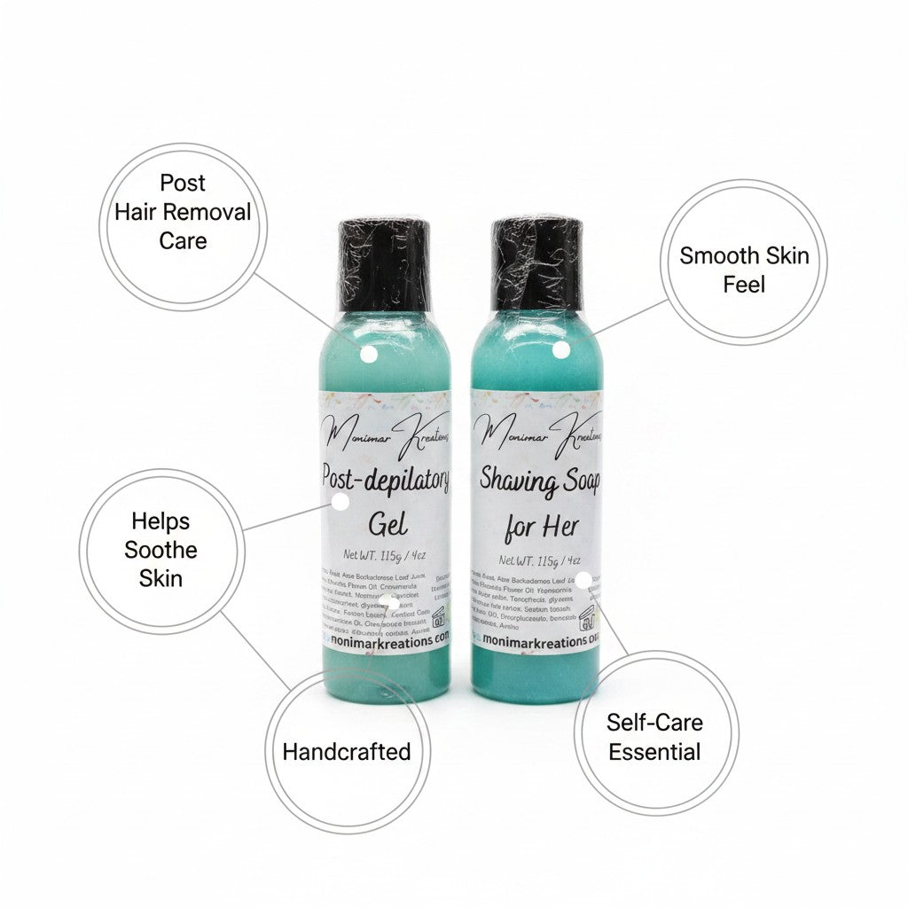 monimarkreations Velvet Touch Duo shaving gel and post-depilatory gel in clear bottles with blue liquid.