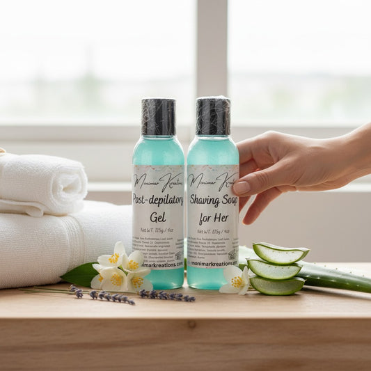 monimarkreations Velvet Touch Duo shaving gel and post-depilatory gel in clear bottles with blue liquid.