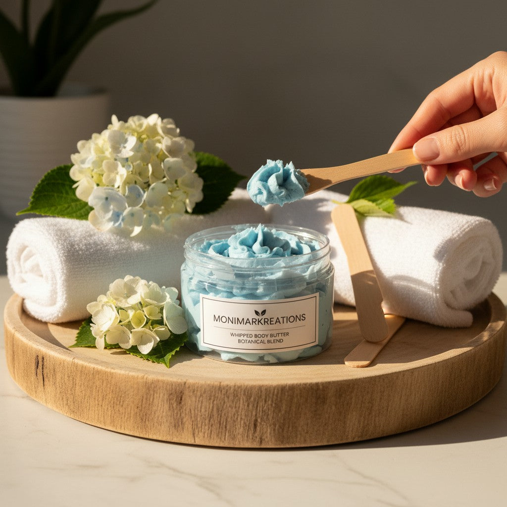 Monimar Kreations Whipped Body Butter in blue and light purple, in clear jars with black lids.