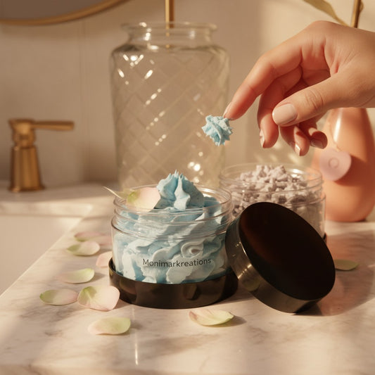 monimarkreations Whipped Body Butter in blue and light purple, in clear jars with black lids.