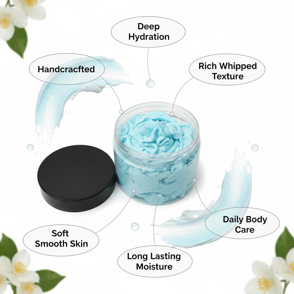 monimarkreations Whipped Body Butter in blue and light purple, in clear jars with black lids.