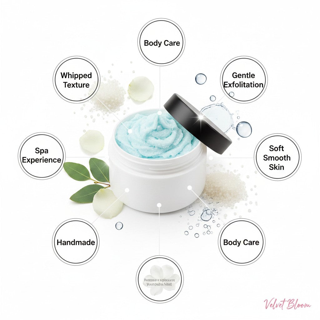 monimarkreations blue whipped body scrub and lavender scrub in clear jars with black lids