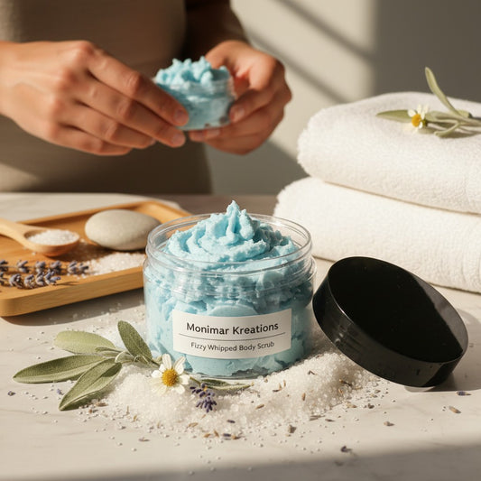 monimarkreations blue whipped body scrub and lavender scrub in clear jars with black lids