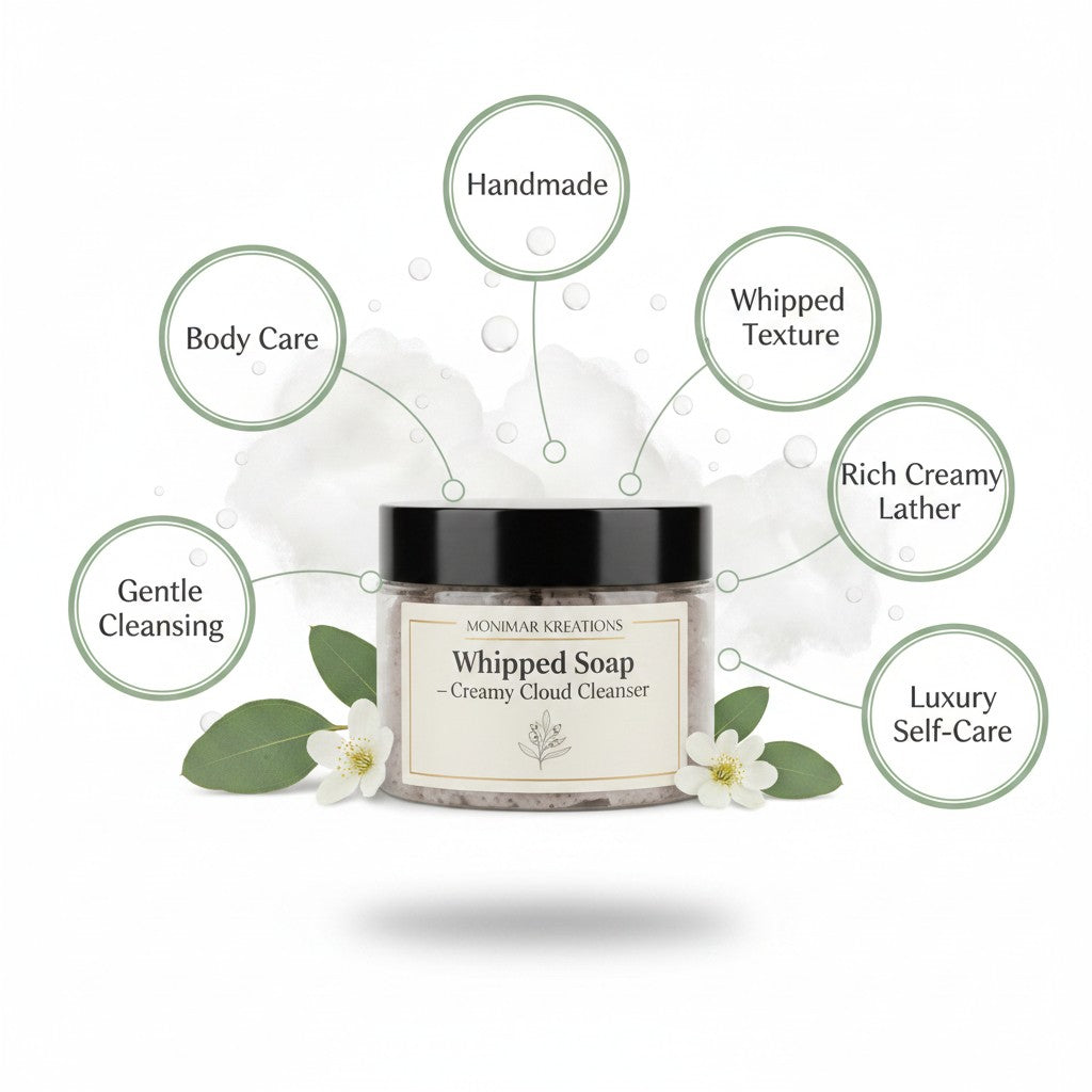 Monimar Kreations Whipped Soap Creamy Cloud Cleanser in a jar on a wooden tray with a sea sponge and eucalyptus leaves.