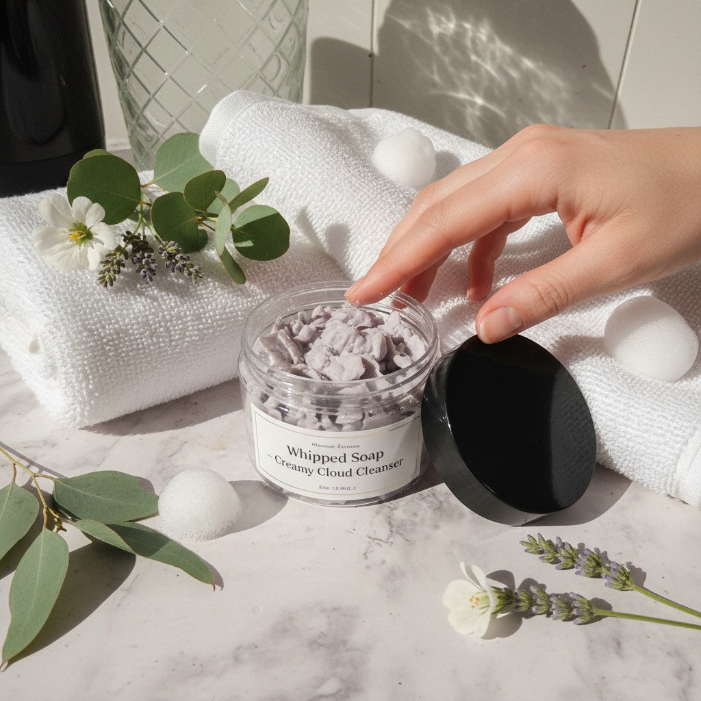 monimarkreations Whipped Soap in a clear jar with a black lid, creamy texture, light purple hue.
