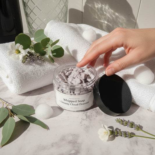 monimarkreations Whipped Soap in a clear jar with a black lid, creamy texture, light purple hue.