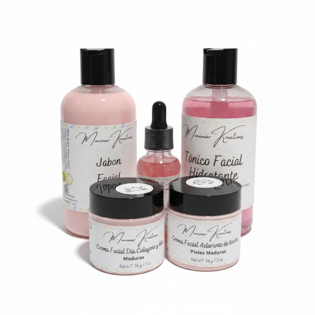 Monimar Kreations skincare bundle with cleanser, toner, serum, day cream, and night cream for youthful skin.